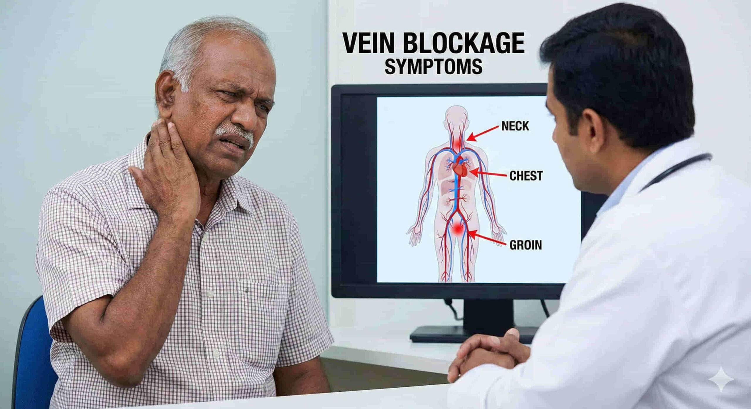 Visual guide to neck and chest vein blockages in dialysis patients treated by Dr. Ram Kishore in Hyderabad.