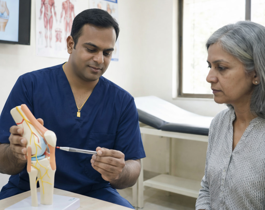 Dr. Ram Kishore consulting with a patient regarding Genicular Artery Embolization (GAE) for non-surgical knee pain relief at IR4U By Ram, Hyderabad.