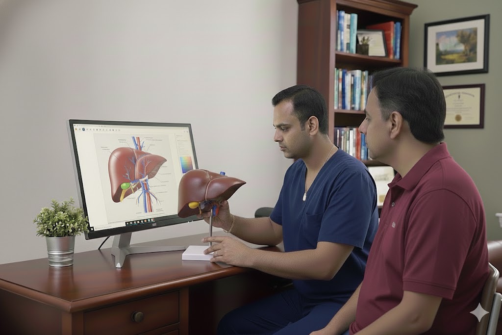 Medical consultation showing a doctor explaining transhepatic venous catheter options to a liver cancer patient in Hyderabad.