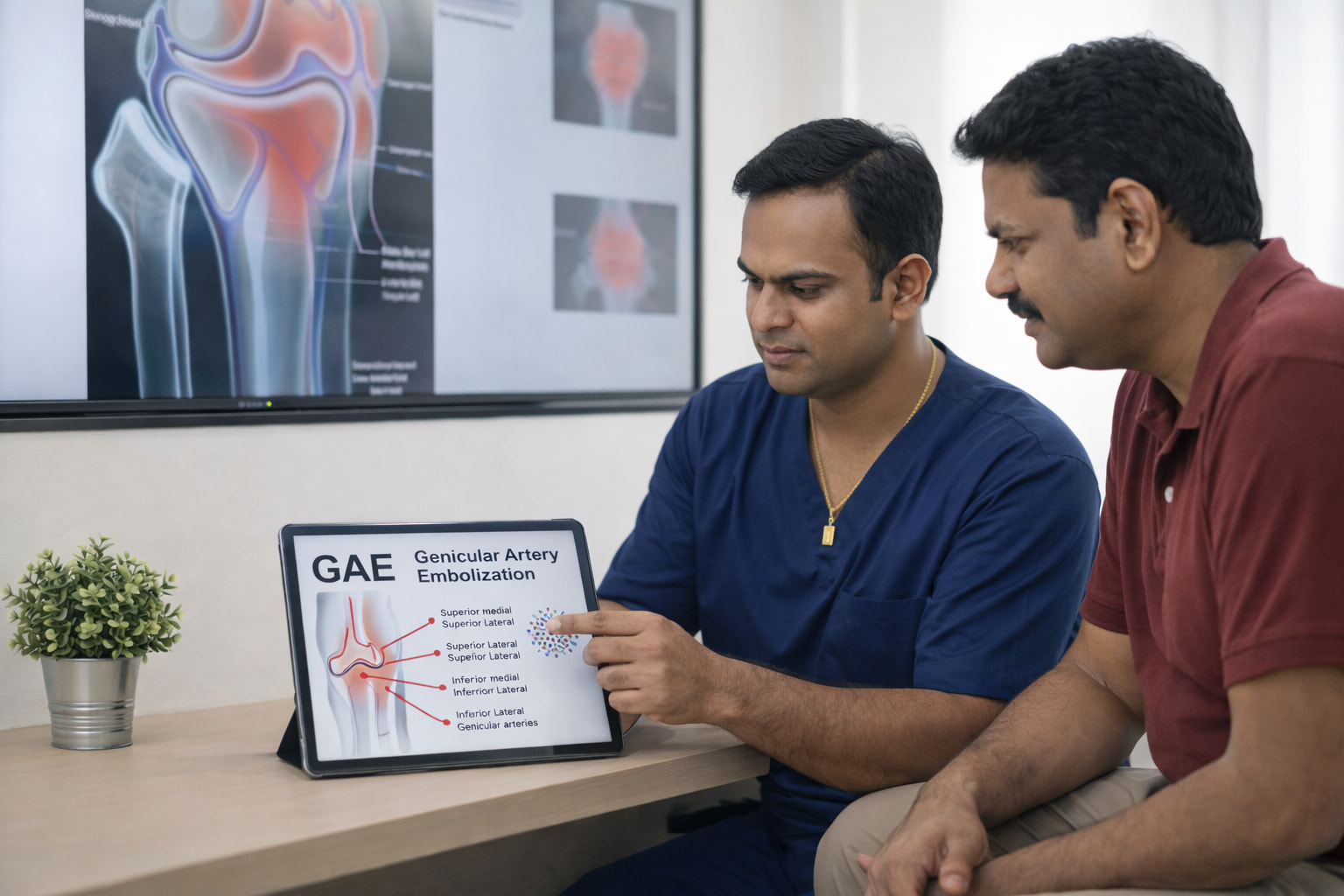 Dr. Ram Kishore consulting with a patient about genicular nerve ablation for non-surgical knee pain relief at IR4U By Ram clinic, Hyderabad.