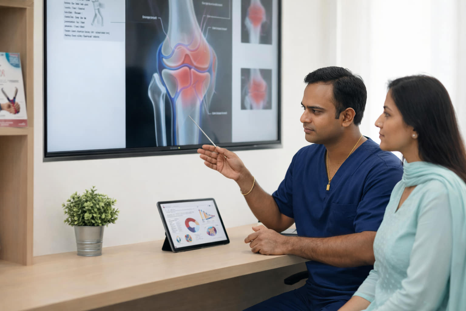 Knee anatomy diagram showing GAE treatment as a non-surgical solution for persistent pain after knee replacement failure in Hyderabad, India.