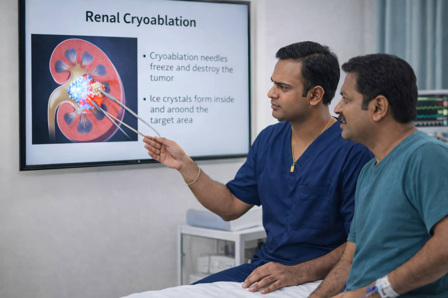 Dr. Ram Kishore Gurajala providing a specialized kidney cancer consultation to a patient at our Hyderabad hospital.