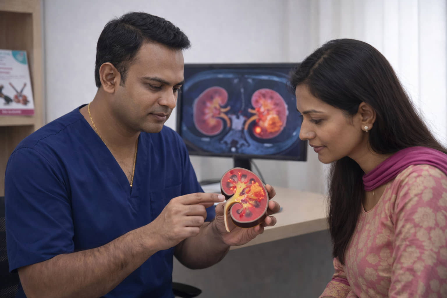 Dr. Ram Kishore Gurajala explaining advanced kidney cancer treatment options during a patient consultation in Hyderabad.
