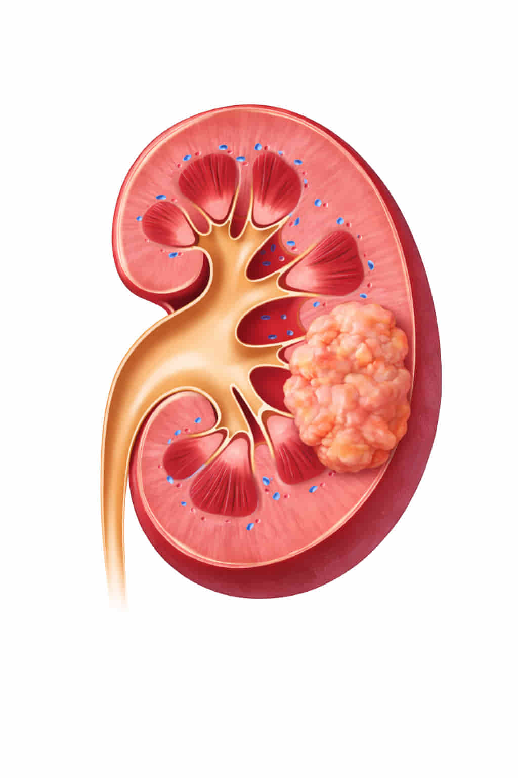 Illustration of a kidney tumor showing renal cancer, treatable through minimally invasive interventional radiology in Hyderabad by Ram Kishore Gujarala.