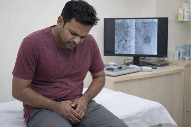 Dr. Ram Kishore in Hyderabad treating chronic pelvic pain in men through minimally invasive interventional radiology, targeting varicocele and BPH.