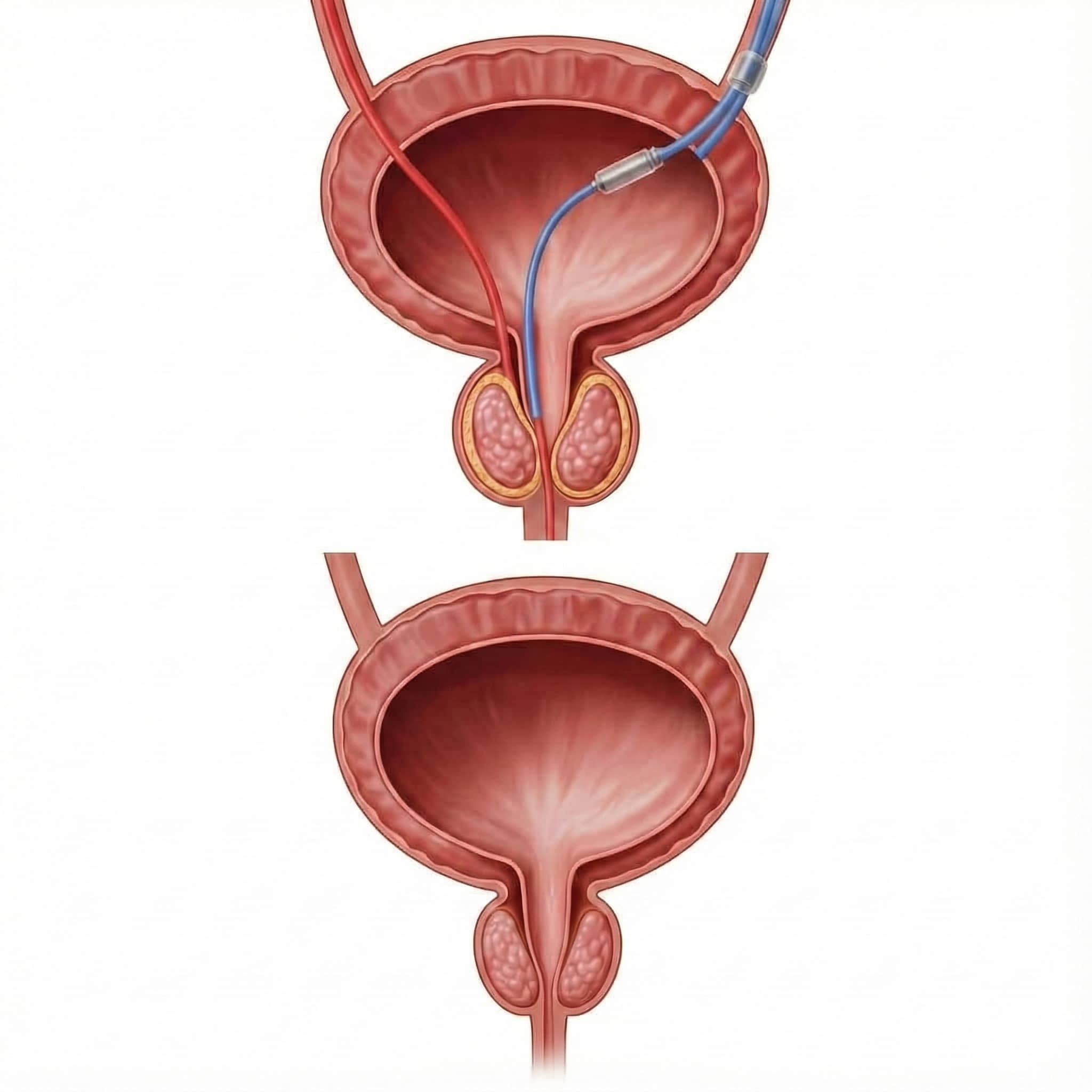 Medical diagram illustrating the PAE treatment process: how blocking blood flow shrinks an enlarged prostate to relieve BPH symptoms in Hyderabad.