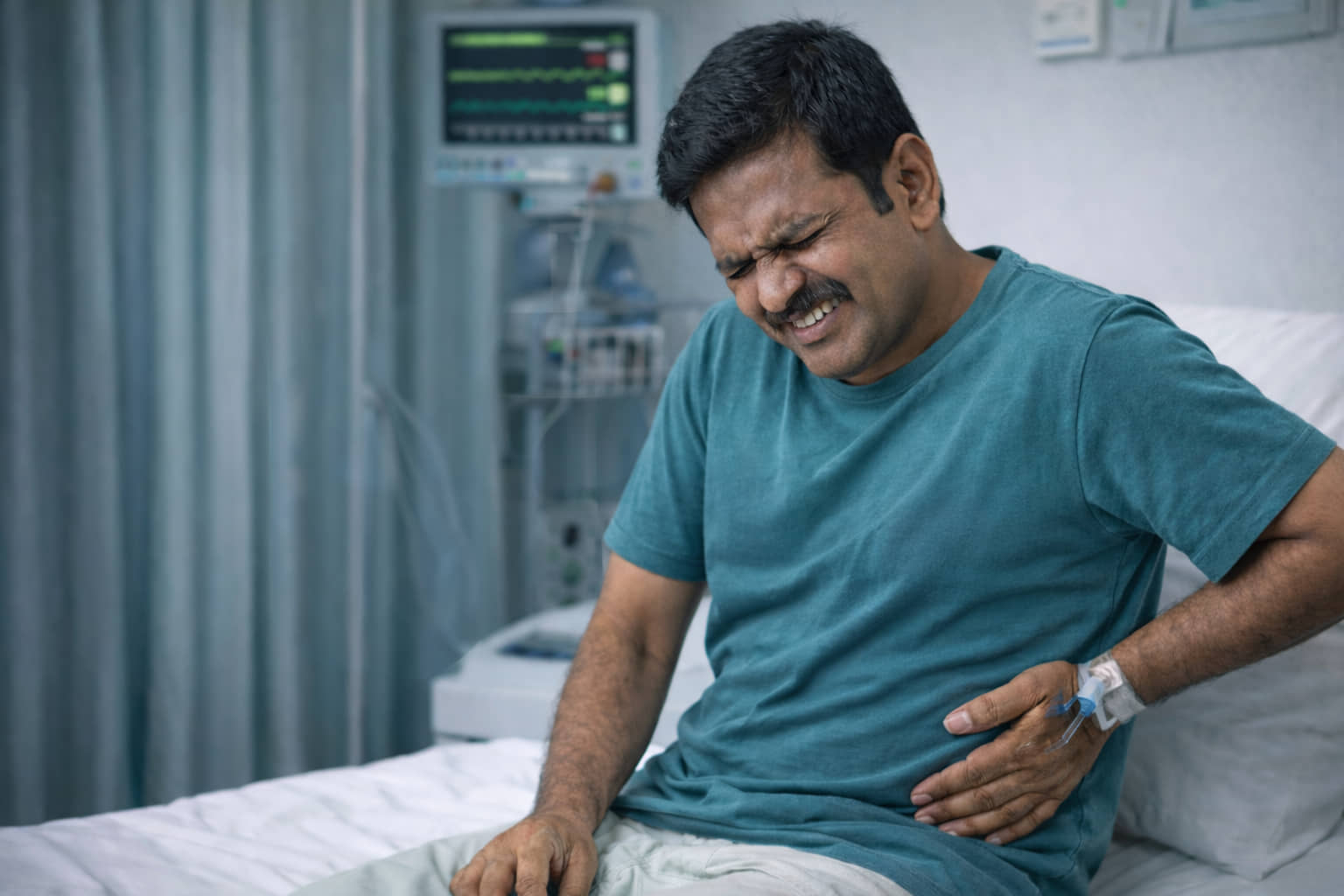 A patient experiencing severe flank pain, a common symptom of kidney cancer, being evaluated at our specialized hospital in Hyderabad by Dr Ram Kishore Gujarala.