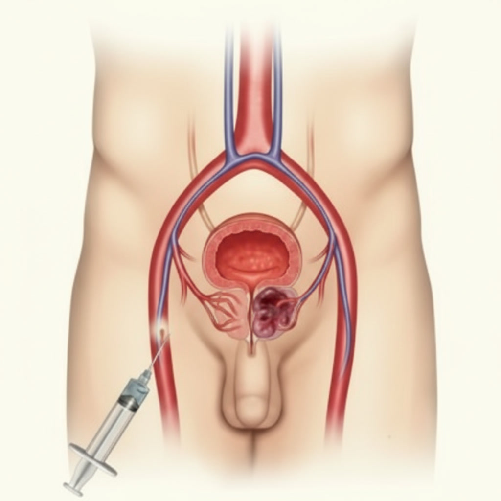 Medical diagram for Prostate Artery Embolization (PAE) treatment showing how shrinking an enlarged prostate relieves urinary symptoms at IR4U By Ram, Hyderabad.