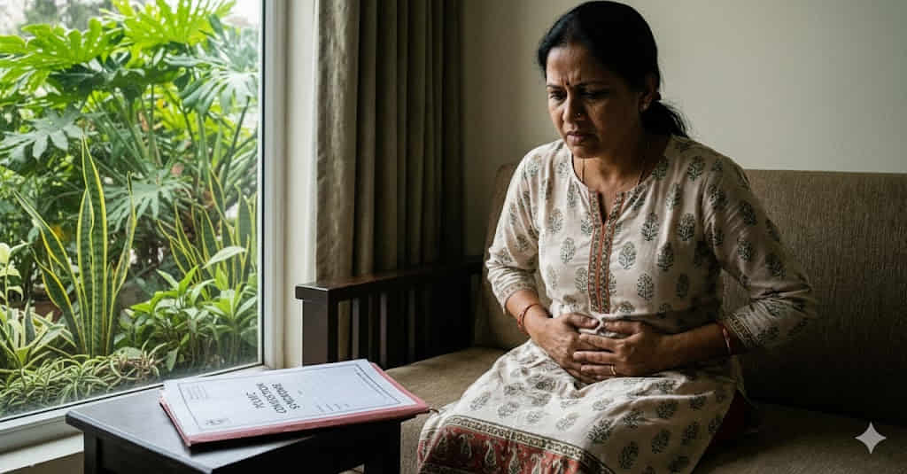 Woman struggling with severe pelvic pain and abdominal pressure in Hyderabad.