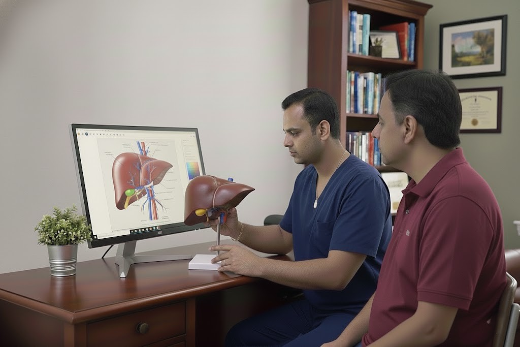 Medical consultation showing a doctor explaining transhepatic venous catheter options to a liver cancer patient in Hyderabad.
