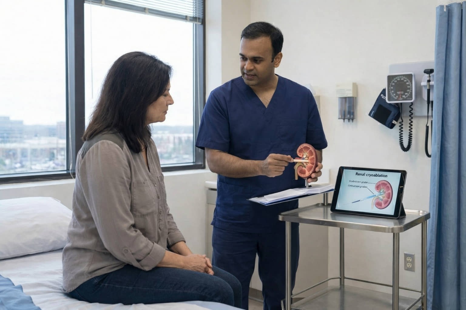 Dr. Ram Kishore Gurajala explaining the benefits of preoperative renal embolization to a patient during a consultation in Hyderabad.