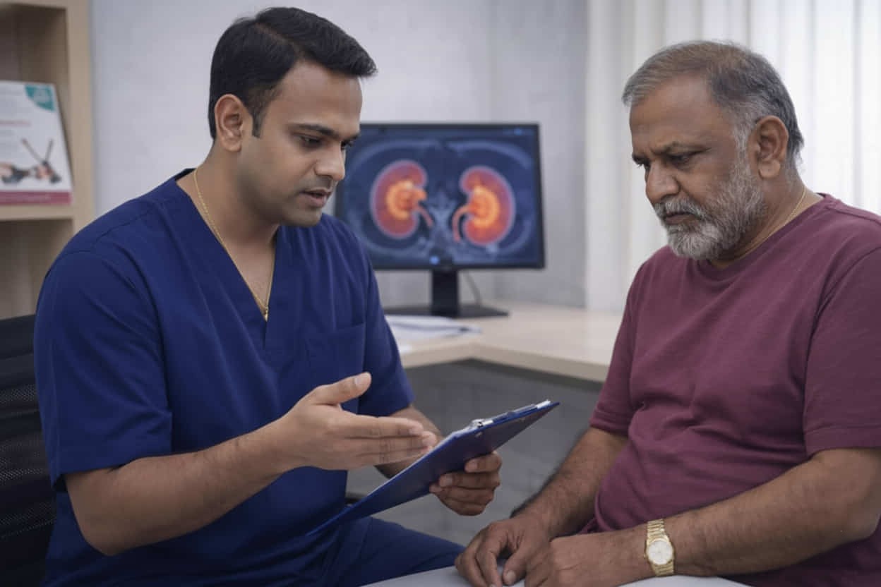 Dr. Ram Kishore Gurajala consulting a renal cancer patient for preoperative embolization treatment in Hyderabad