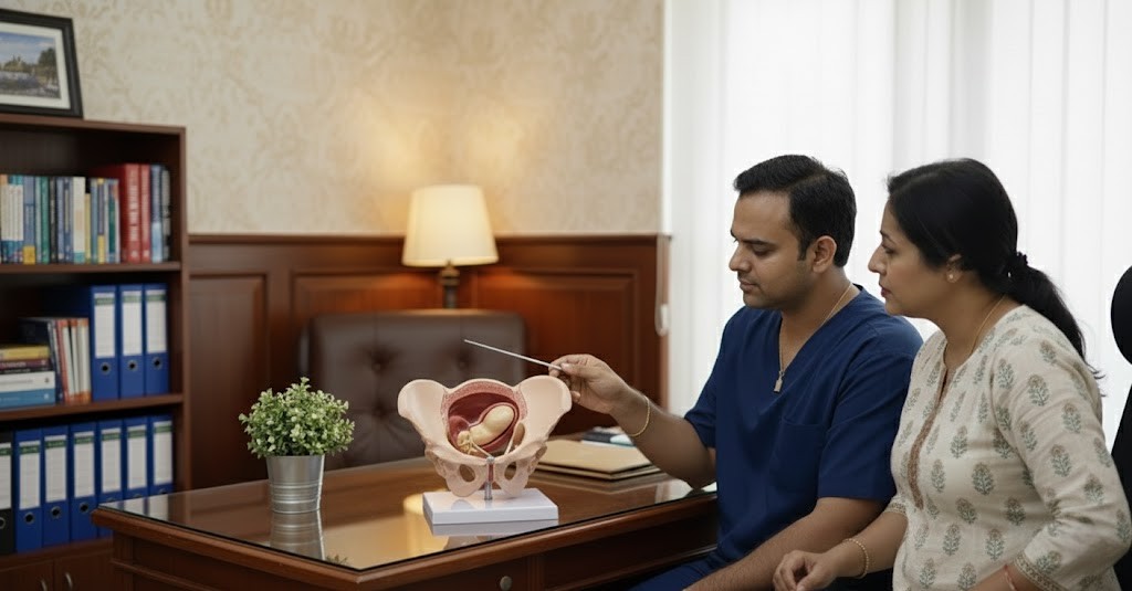 Dr. Ram Kishore Gujarala consulting with a patient in Hyderabad about the Ovarian Vein Embolization procedure for Pelvic Congestion Syndrome relief