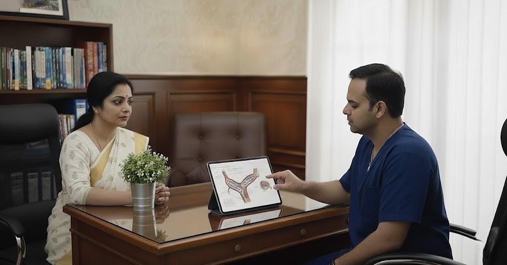 Dr. Ram Kishore consulting a patient for Pelvic Vein Congestion treatment at his Hyderabad clinic, explaining the benefits of Ovarian Vein Embolization.