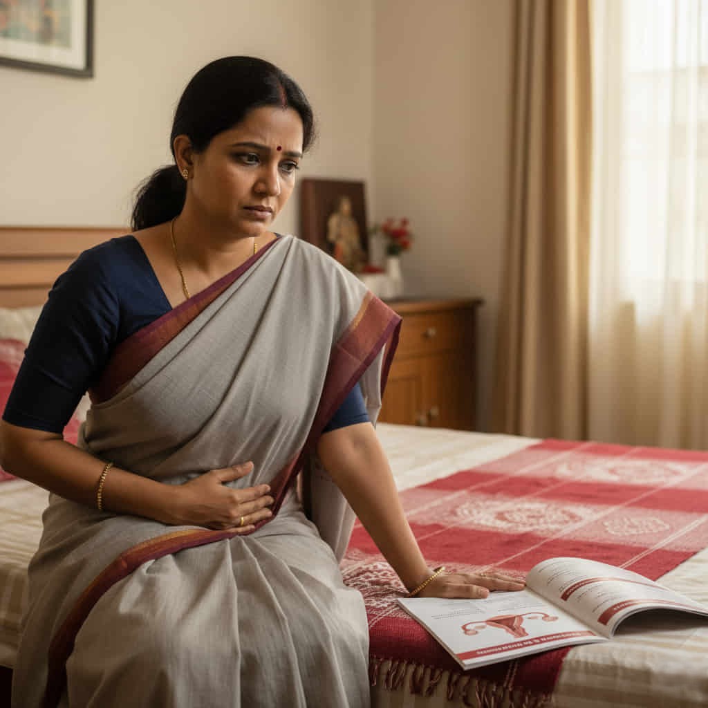 Woman experiencing pelvic pain in Hyderabad seeking medical care