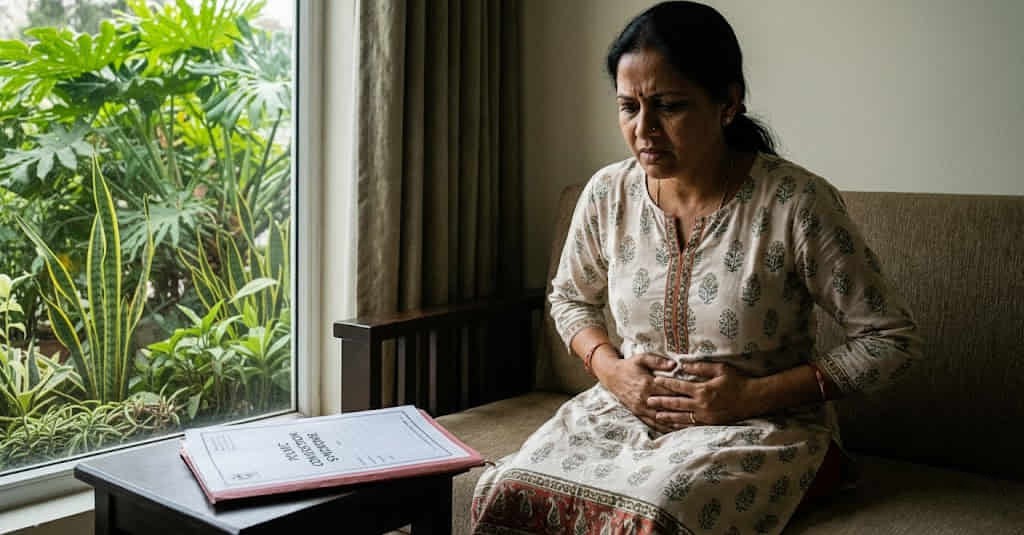 Woman struggling with severe pelvic pain and abdominal pressure in Hyderabad.