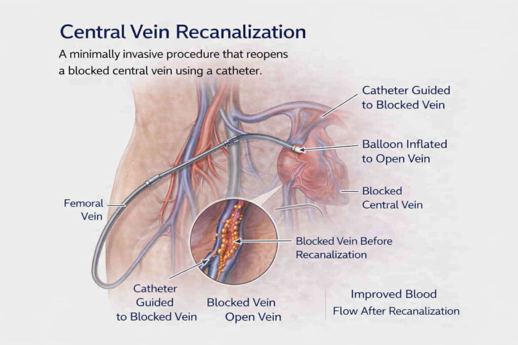 The illustration of central vein recanlization