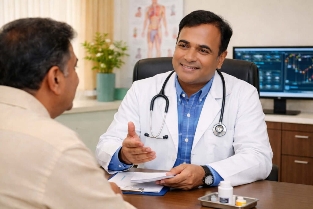 Dr Ram explaining Y-90 radioembolization treatment to a liver cancer patient during consultation