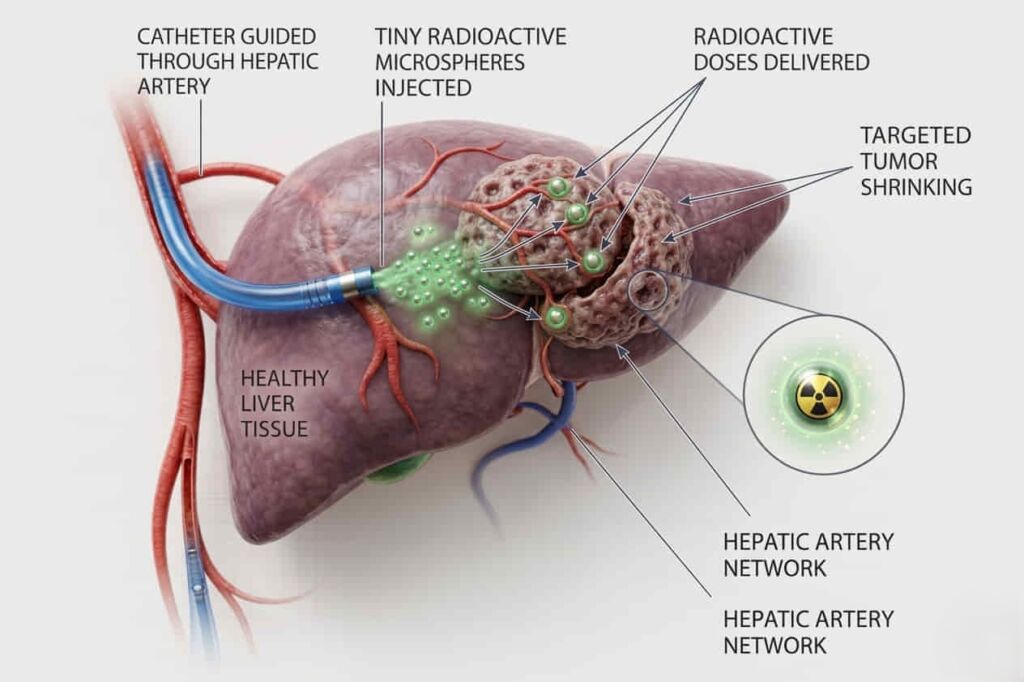 how y90 radioembolization works liver cancer treatment diagram