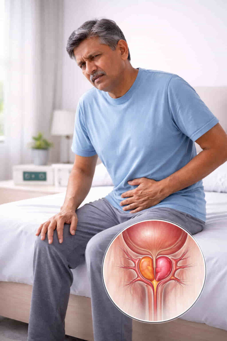 Patient with enlarged prostate suffering in pain