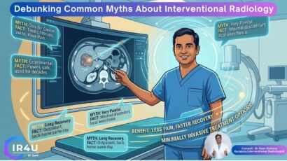 Interventional radiology doctor performing minimally invasive image-guided treatment to treat tumors and vascular conditions safely