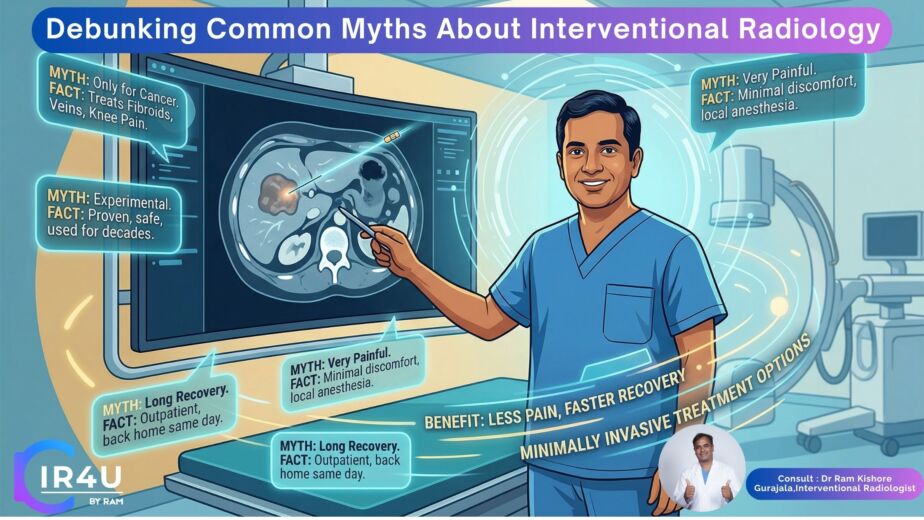 Interventional radiology doctor performing minimally invasive image-guided treatment to treat tumors and vascular conditions safely