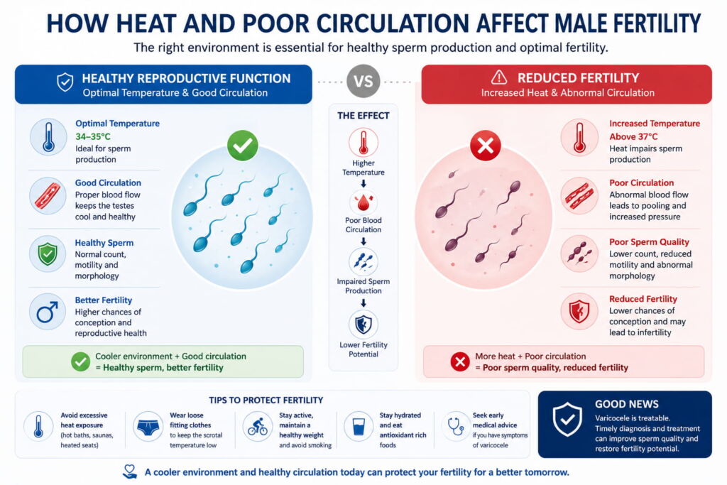 Medical illustration explaining how varicocele may affect sperm health and male fertility.