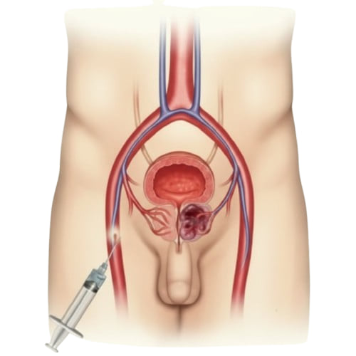 Medical diagram for Prostate Artery Embolization (PAE) treatment showing how shrinking an enlarged prostate relieves urinary symptoms at IR4U By Ram, Hyderabad.