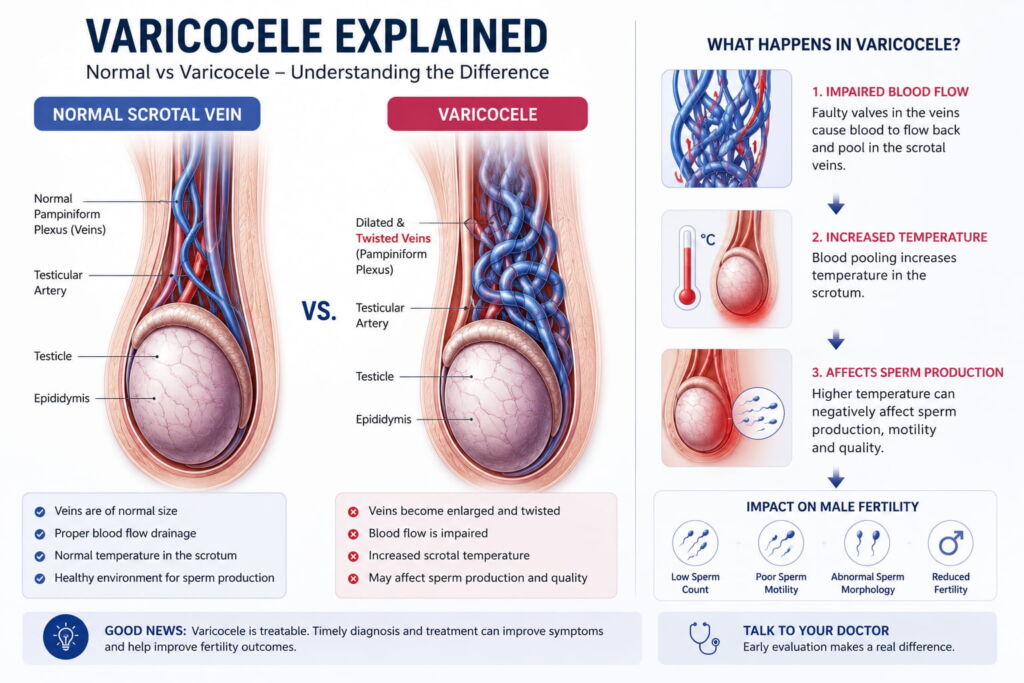 Medical infographic comparing healthy veins and enlarged veins associated with varicocele.