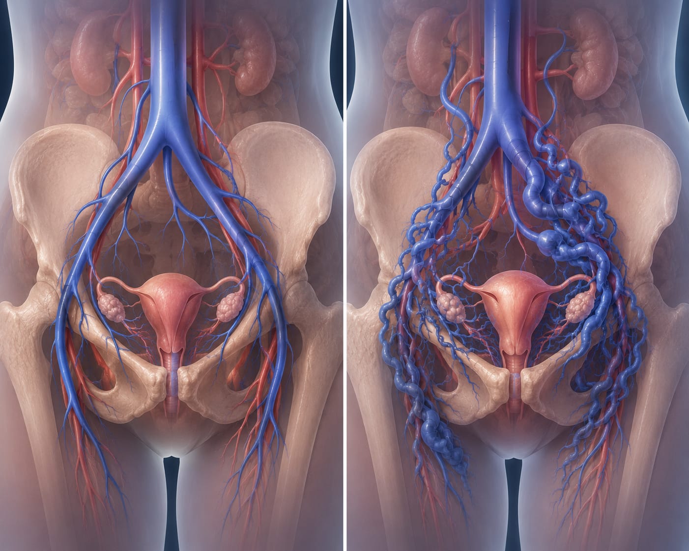 Comparison of healthy pelvic veins and Pelvic Congestion Syndrome.