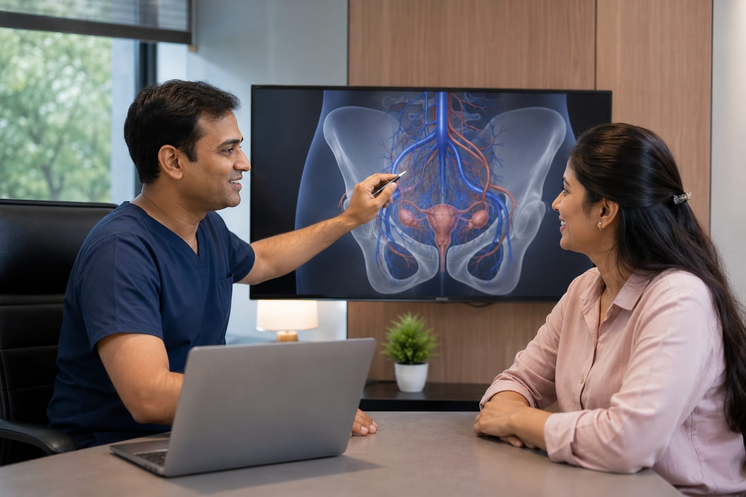 Doctor explaining Pelvic Congestion Syndrome to a patient with chronic pelvic pain