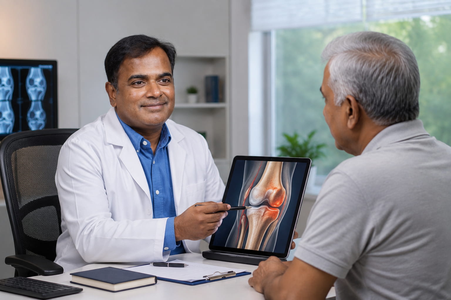 Doctor explaining non-surgical knee pain treatment options