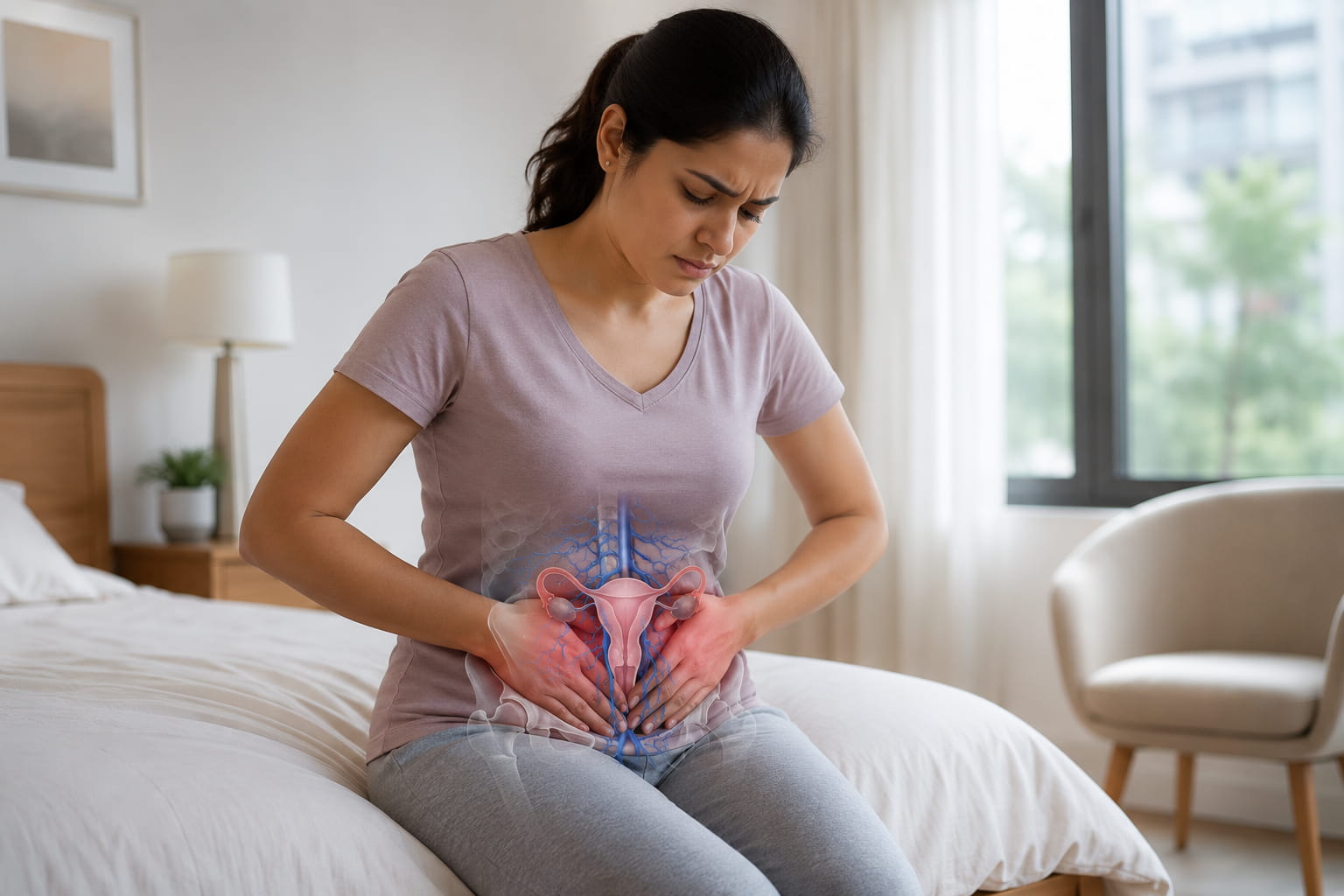 Woman experiencing unexplained chronic pelvic pain caused by Pelvic Congestion Syndrome.