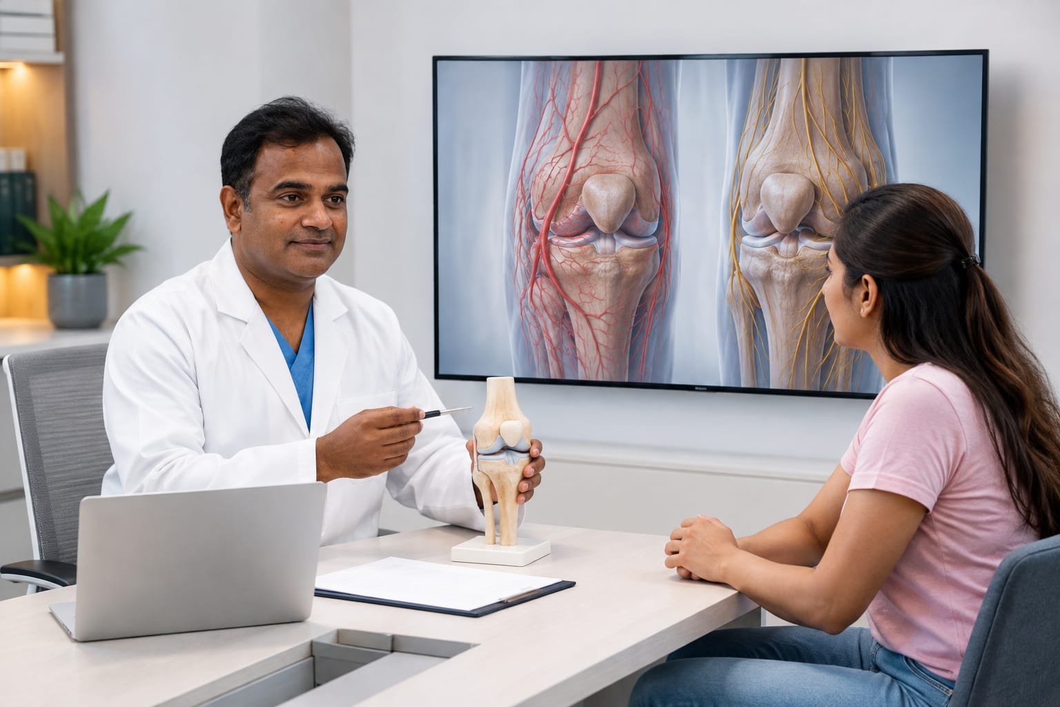 Interventional radiologist discussing GAE and genicular nerve ablation for knee pain